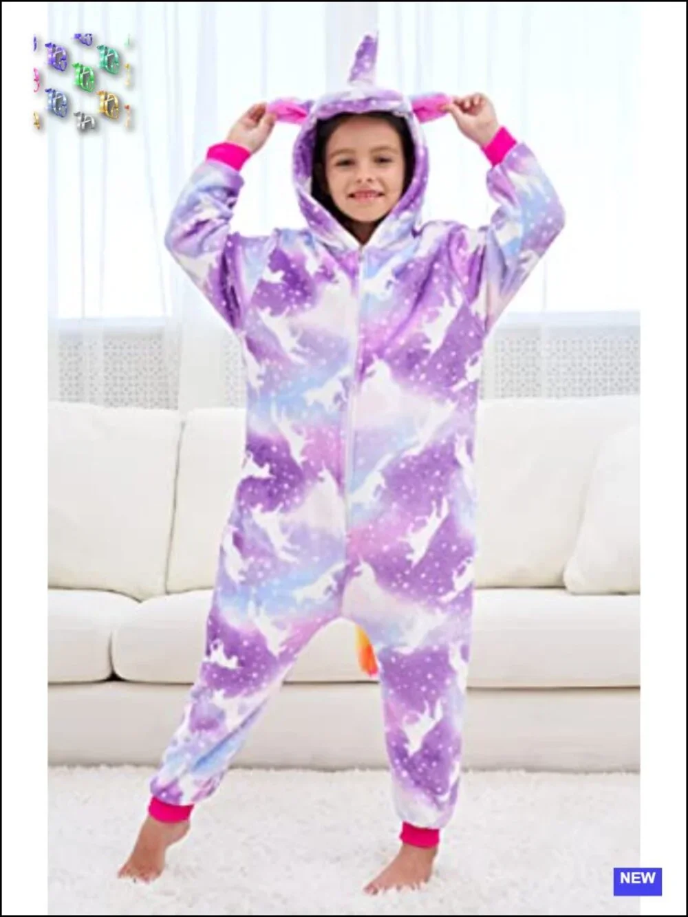 Girls Unicorn Onesie Costume, 2-Piece Flannel PJs, Long Sleeve Hooded Jumpsuit